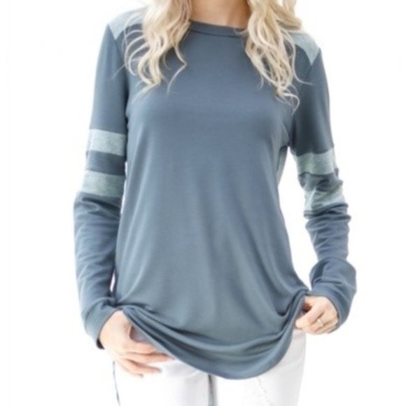 Long Stripe Sleeve Casual Top Blue/Teal High Low - Picture 2 of 9